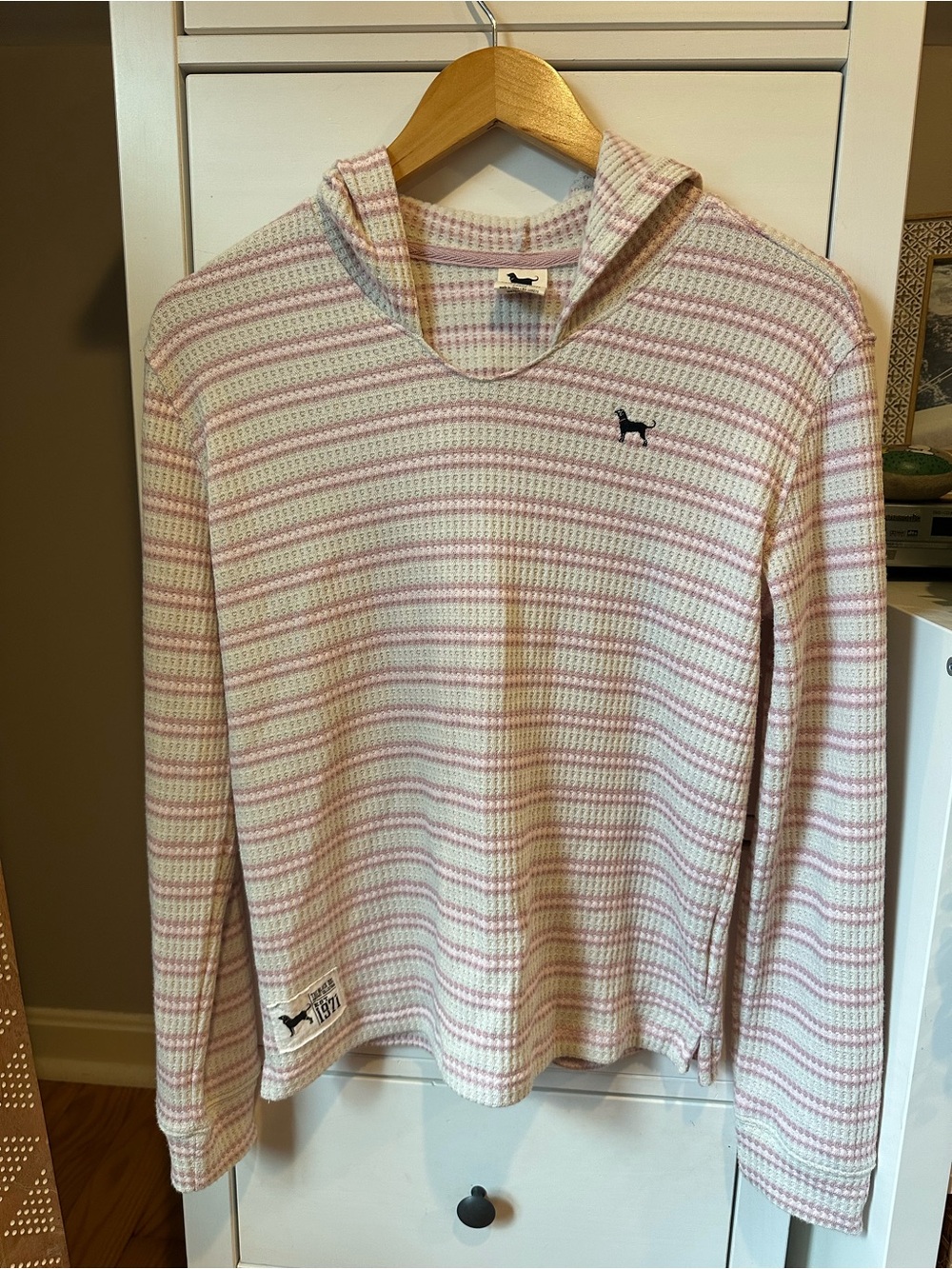 Pink, White, Tan Striped Hooded Waffle Knit Top the black dog
